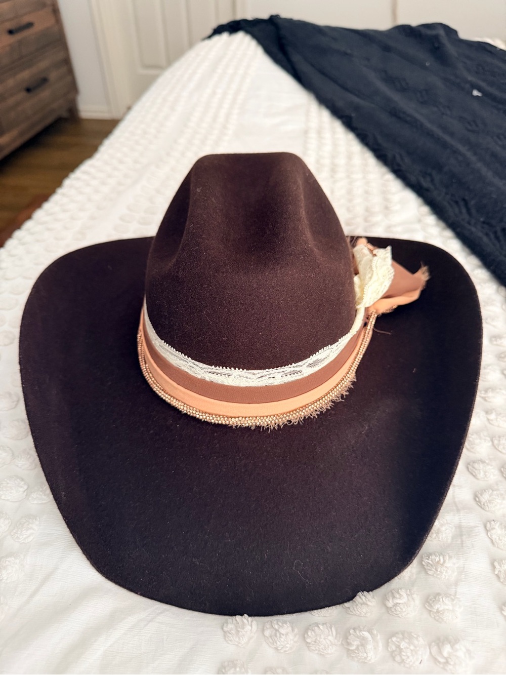 Womens Dark Brown Felt Western Hat with Peach and Cream Trim